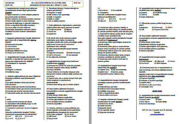 2022-2023 9. Sınıf Demokrasi ve İnsan Hakları 1. Dönem 1. Yazılı