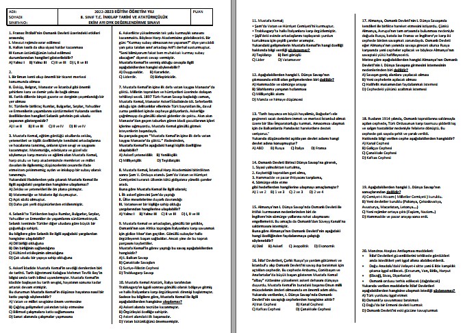 8. Sınıf T. C. İnkılap Tarihi Ekim Ayı DYK Değerlendirme ve Analizi