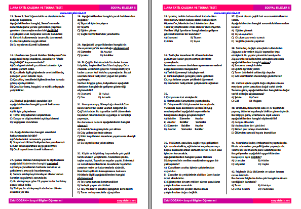 5. Sınıf Sosyal Bilgiler Ara Tatil Çalışma ve Tekrar Testi 80 Soru
