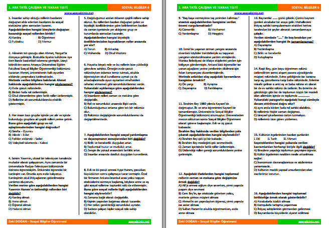 6. Sınıf Sosyal Bilgiler Ara Tatil Çalışma ve Tekrar Testi 100 Soru