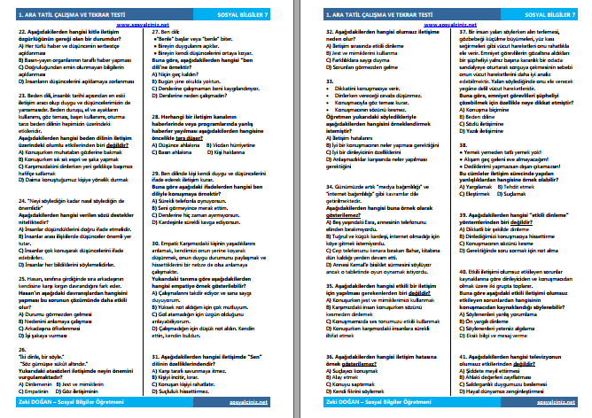 7. Sınıf Sosyal Bilgiler Ara Tatil Çalışma ve Tekrar Testi 100 Soru