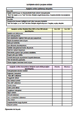 İletişimin Gücü BEP Çalışma Kağıdı