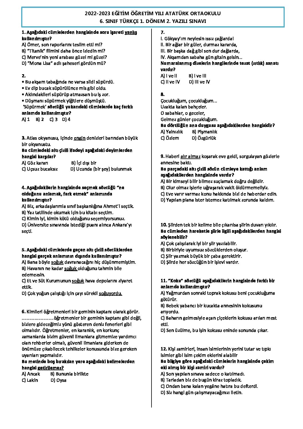 6 sınıf 2 dönem 1 yazılı türkçe test soruları
