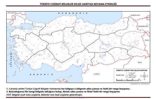 türkiye coğrafi bölgeler dilsiz haritası boyama etkinliği sosyal