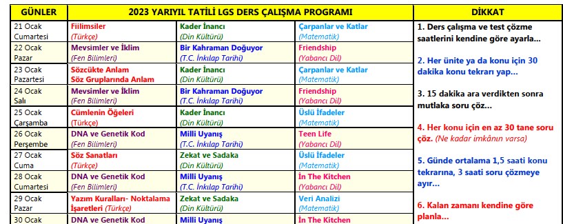 2023 Yarıyıl Tatili LGS Ders Çalışma Programı