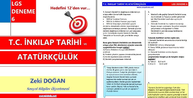 T. C. İnkılap Tarihi LGS Deneme Sınavı 6 PDF İndir Online Çöz