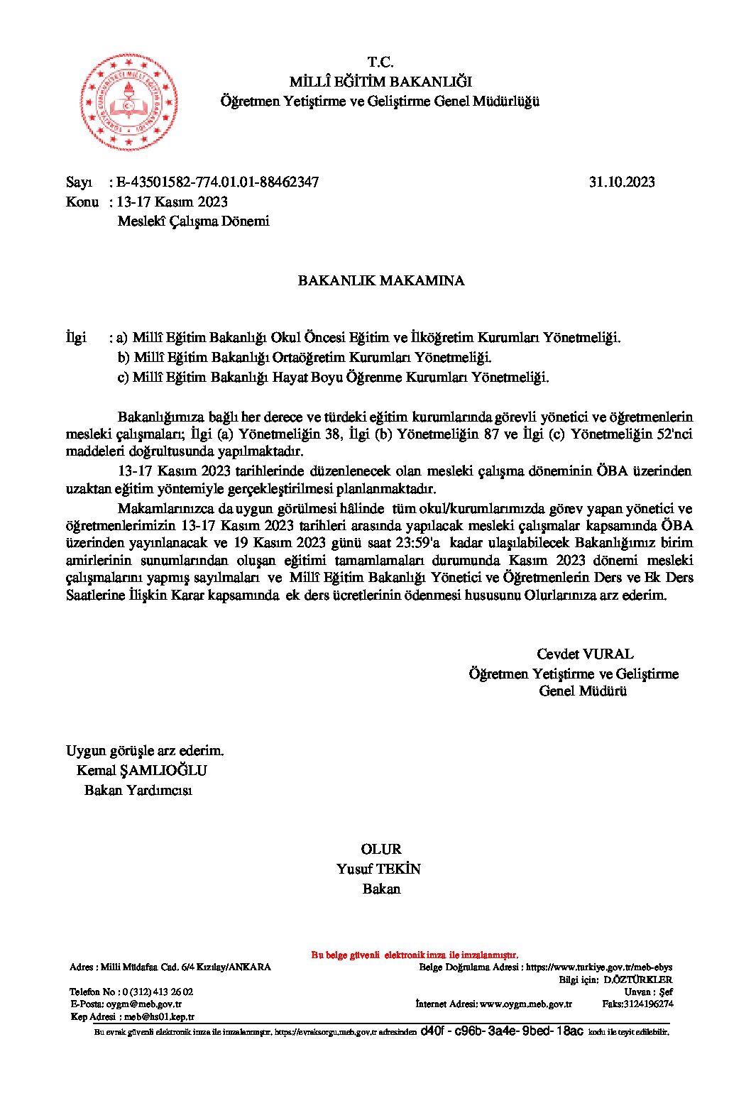 13-17 Kasım 2023 mesleki seminer çalışmaları resmi yazı Sosyal
