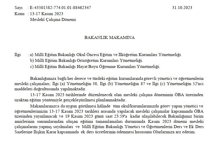 13-17 Kasım 2023 Mesleki Seminer Çalışmaları Resmi Yazı