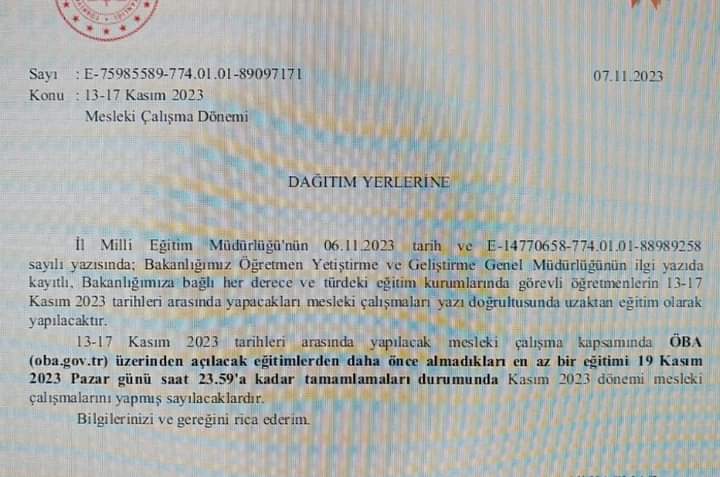 Kasım 2023 Mesleki Çalışmalarında ÖBA Videolarından Kaç Tane İzlenecek