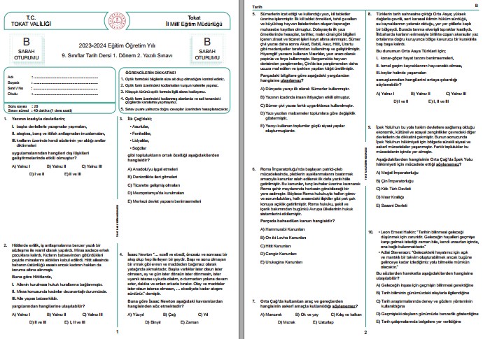 Tokat İl ÖDM 9. Sınıf Tarih Ortak Sınav Soru ve Cevapları