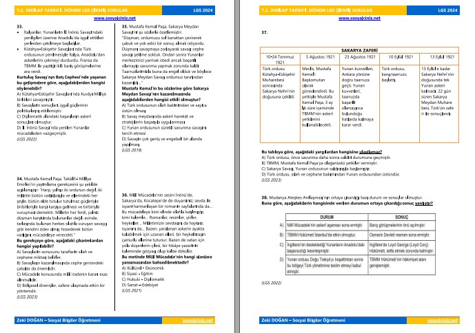 T.C. İnkılap Tarihi 1. Dönem LGS Çıkmış Sorular 2018-2024