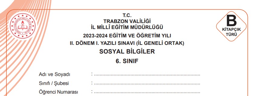 6. Sınıf Sosyal Bilgiler 2. Dönem 1. Ortak Sınav Trabzon İl MEM