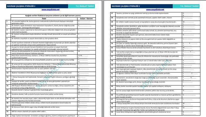 T. C. İnkılap Tarihi Kavram Pekiştirme Etkinliği 2