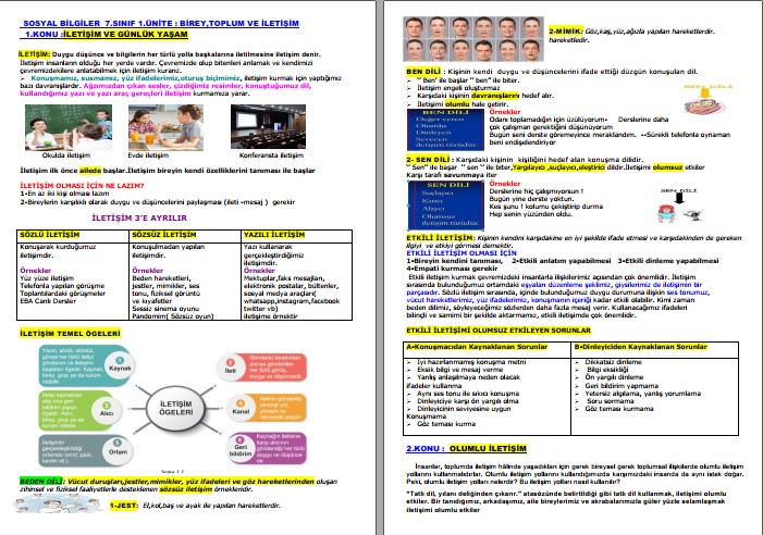 7. Sınıf Sosyal Bilgiler 1. Ünite Ders Notları