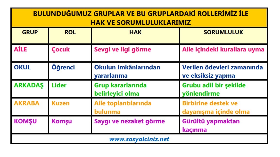 Gruplar, Roller, Hak ve Sorumluluklar