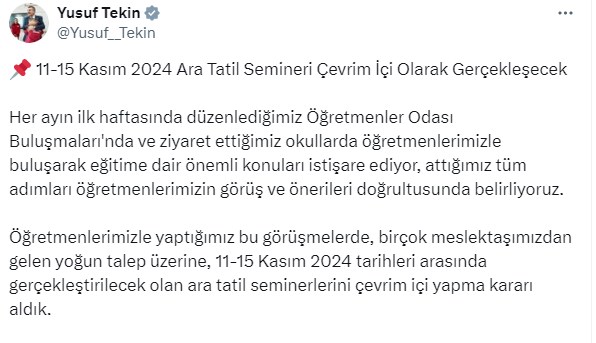 11-15 Kasım 2024 Ara Tatil Semineri Çevrim İçi Olarak Gerçekleşecek