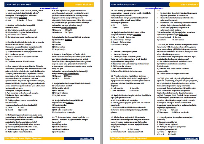 5. Sınıf Sosyal Bilgiler Ara Tatil Çalışma Testi