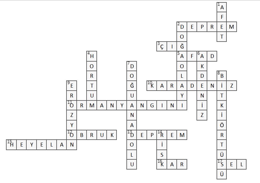 İlimizde Yaşanabilecek Afetler ve Etkileri Bulmaca