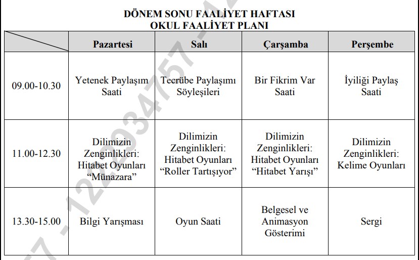 2024-2025 Dönem Sonu Faaliyet Haftası Okul Faaliyet Planı