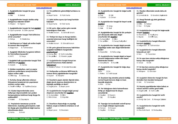 5. Sınıf Sosyal Bilgiler 1. Dönem Konuları Tarama Testi