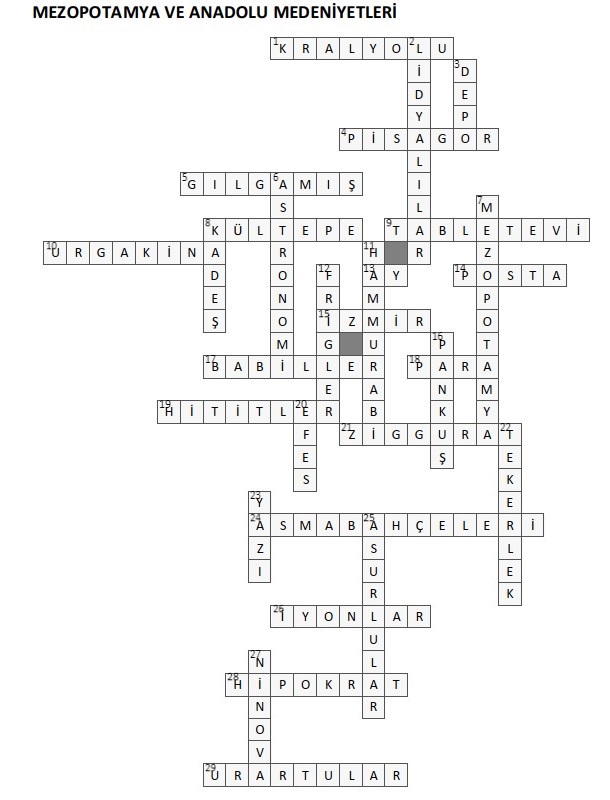 Mezopotamya ve Anadolu Medeniyetleri Bulmaca
