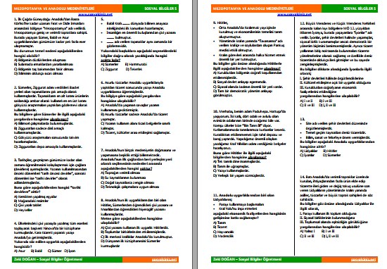 Mezopotamya ve Anadolu Medeniyetleri Test 1