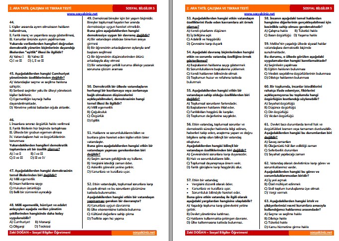 5. Sınıf Sosyal Bilgiler 2. Ara Tatil Çalışma Testi