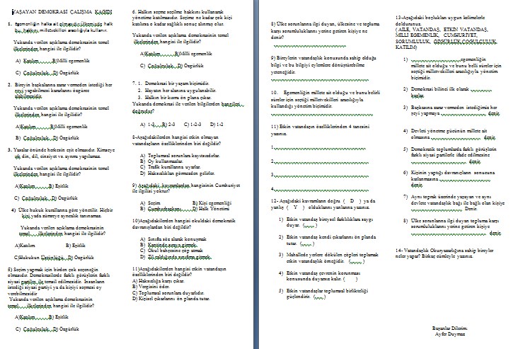 Demokrasi ve Cumhuriyet Etkin Vatandaş Çalışma Kağıdı