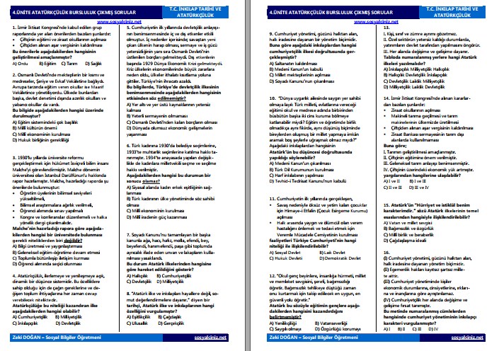 4.Ünite Atatürkçülük Bursluluk Çıkmış Sorular