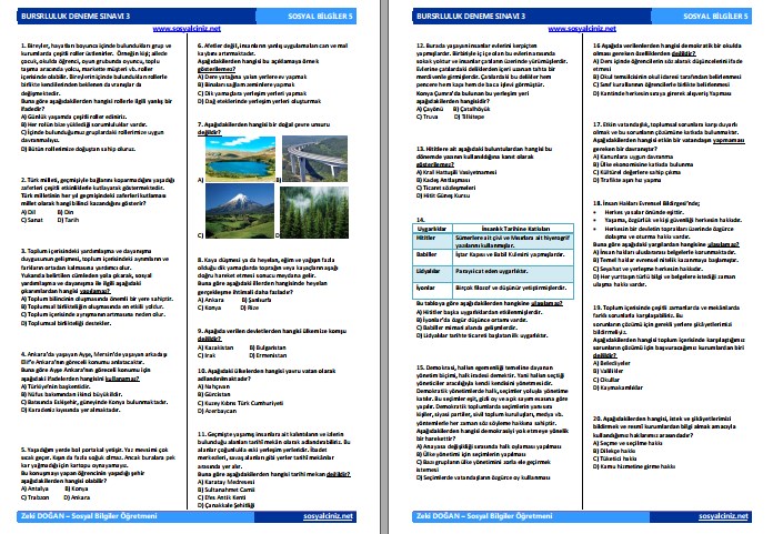5. Sınıf Sosyal Bilgiler Bursluluk Deneme Sınavı 3