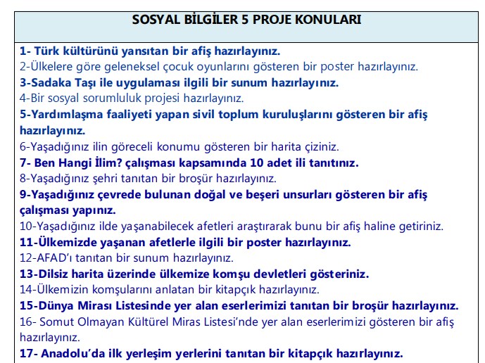 5.Sınıf Sosyal Bilgiler Yeni Müfredat Proje Konuları
