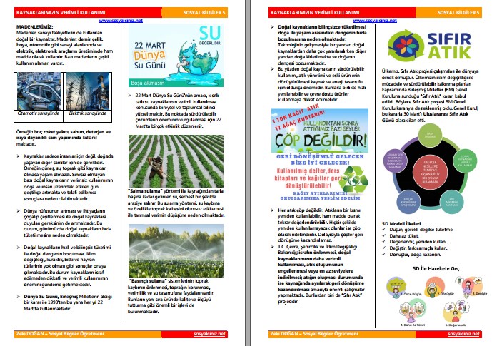 5. Sınıf Sosyal Bilgiler Kaynaklarımızın Verimli Kullanımı