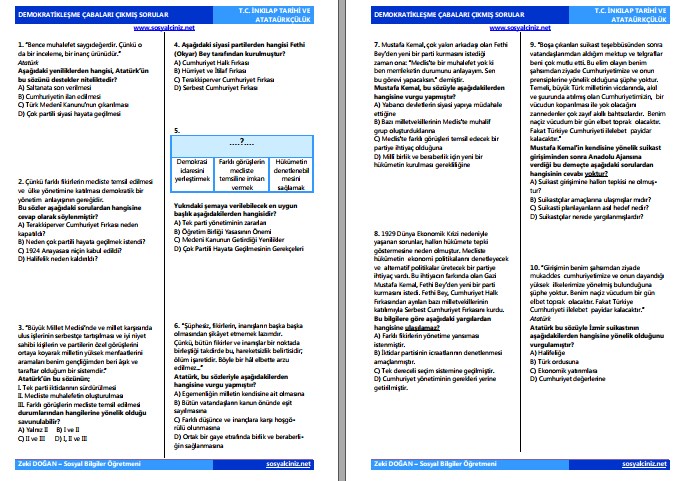 5. Ünite Demokratikleşme Çabaları Çıkmış Sorular (TEOG-LGS-Bursluluk)