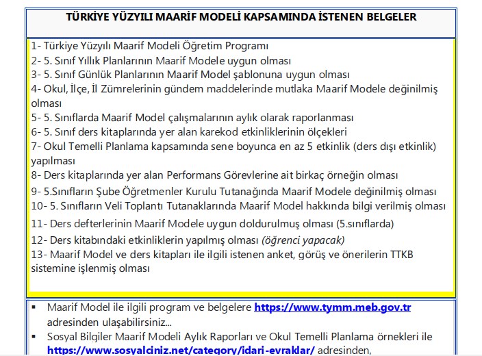 TYMM Maarif Modeli Kapsamında İstenen Belgeler