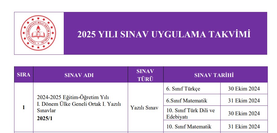 2025 MEB Sınav Uygulama Takvimi