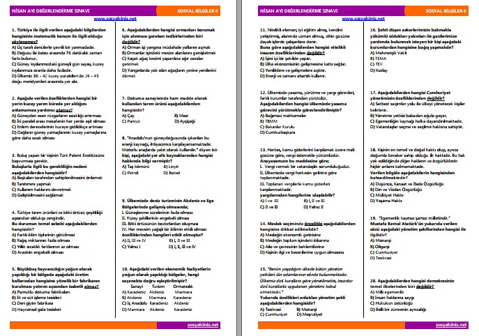 6.Sınıf Sosyal Bilgiler Nisan Ayı Değerlendirme Sınavı