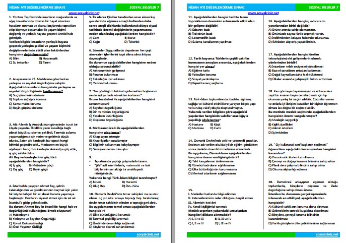 7.Sınıf Sosyal Bilgiler Nisan Ayı Değerlendirme Sınavı