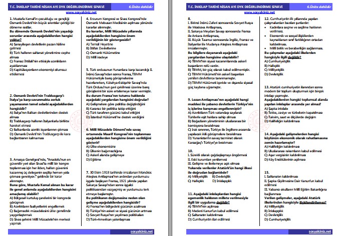 T.C. İnkılap Tarihi Nisan Ayı Değerlendirme Sınavı