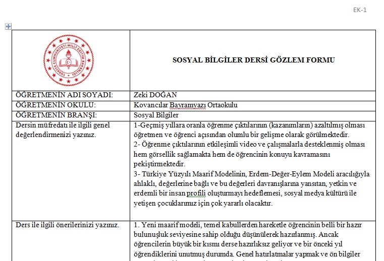 Türkiye Yüzyılı Maarif Modeli Değerlendirme Formu Ek 1