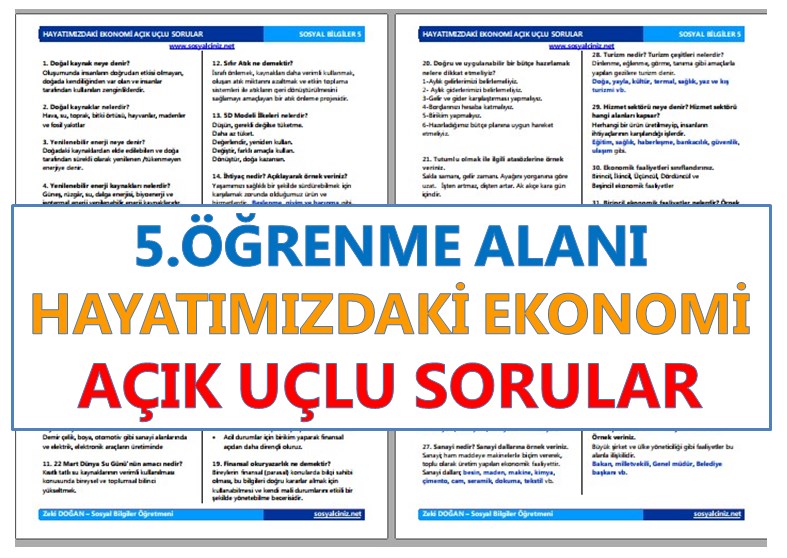 5.Öğrenme Alanı Hayatımızdaki Ekonomi Açık Uçlu Sorular