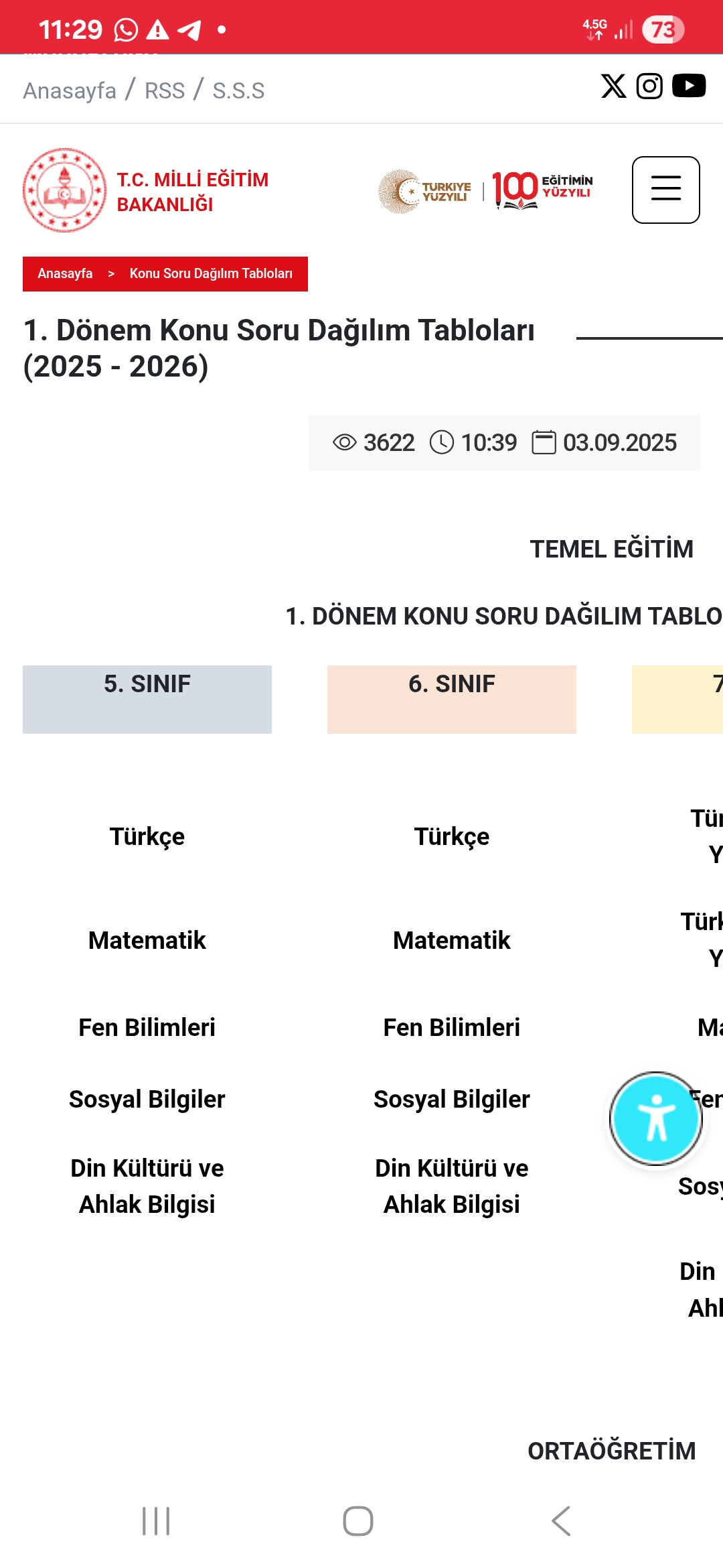2025-2026 1.Dönem 1.Yazılı Konu Soru Dağılım Tabloları