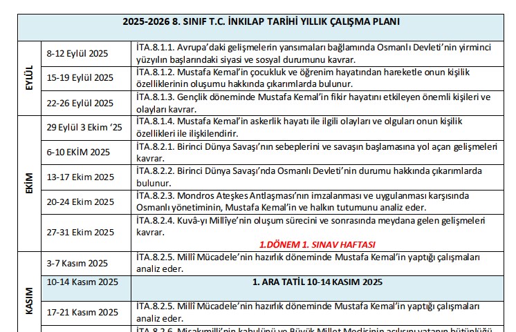 2025-2026 8. Sınıf T. C. İnkılap Tarihi Yıllık Çalışma Planı