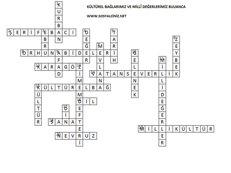 Kültürel Bağlarımız ve Milli Değerlerimiz BULMACA