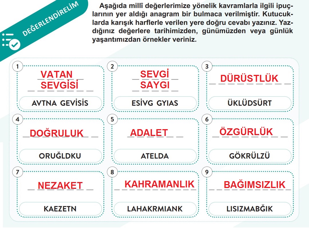 Milli Değerlerimiz Anagram Bulmaca
