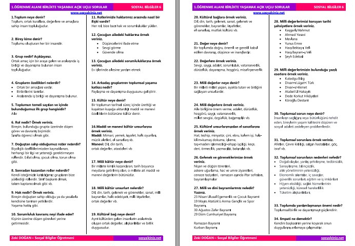 6.Sınıf Sosyal Bilgiler 1. Öğrenme Alanı Birlikte Yaşamak Açık Uçlu Sorular Cevaplı