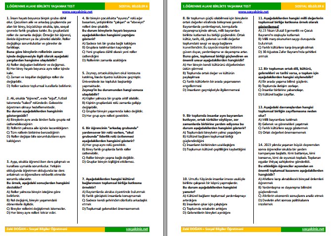 6. Sınıf Sosyal Bilgiler 1.Öğrenme Alanı Birlikte Yaşamak Tarama Testi