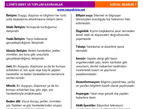7.Sınıf Sosyal Bilgiler 1.Ünite Birey ve Toplum Kavramlar