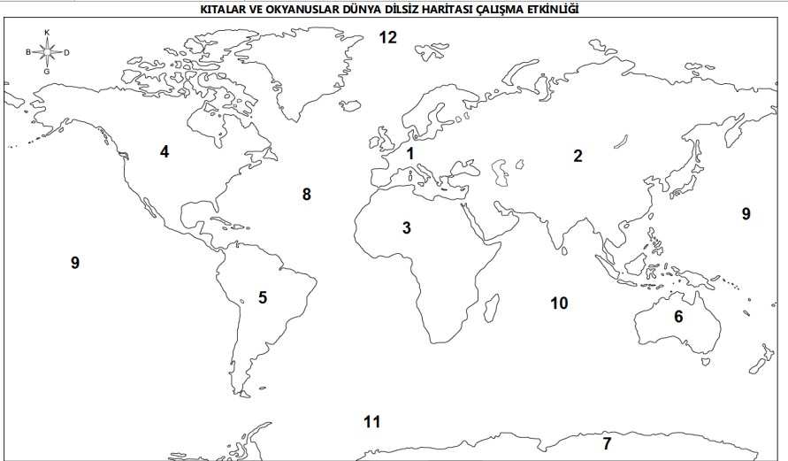 Kıtalar ve Okyanuslar Dilsiz Harita Etkinliği