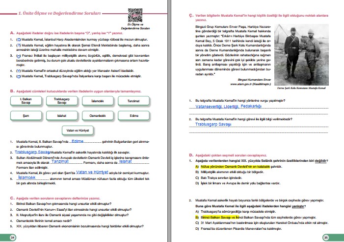 T.C. İnkılap Tarihi DersDestek Kitabı 1.Ünite Soru ve Cevapları
