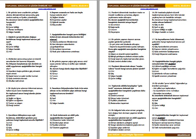 Toplumsal Sorunlar ve Çözüm Önerileri Test